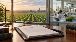 A legal document on a desk with a balance scale, farm field at sunset, and scientists working in a lab in the background.