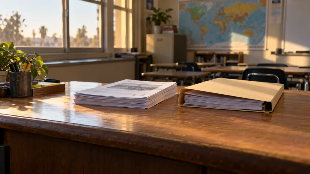 Stacks of papers on a classroom desk with a world map and empty desks in the background.