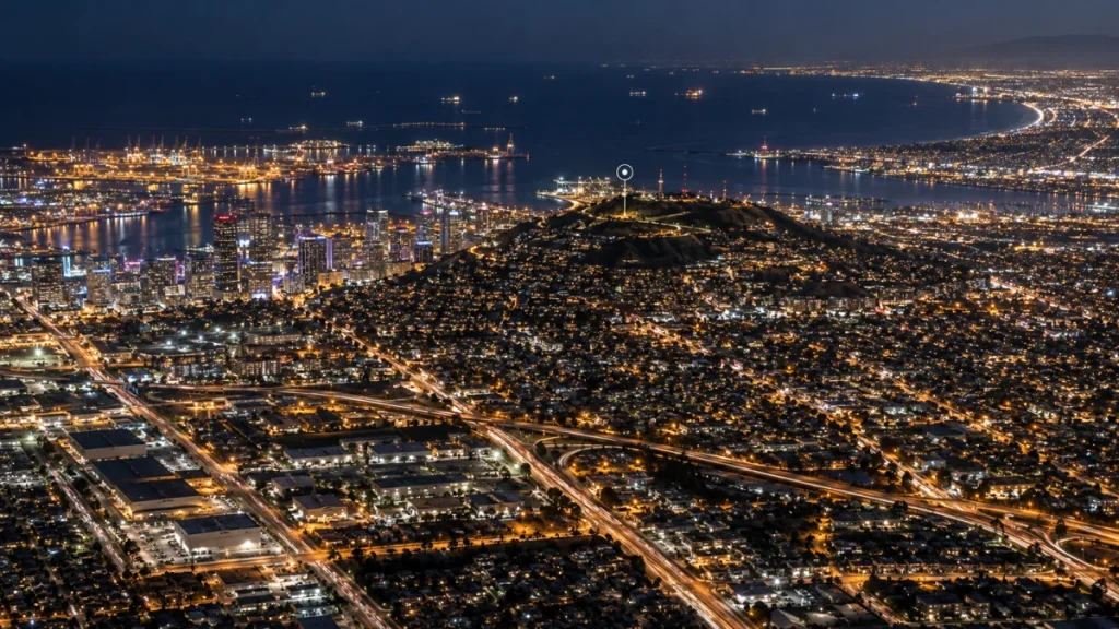 Night aerial view of Long Beach and Signal Hill with city lights, highways, and the harbor visible in the distance.