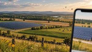 Solar panels installed across a rural farmland landscape with fields, cattle, and a phone screen in the foreground.