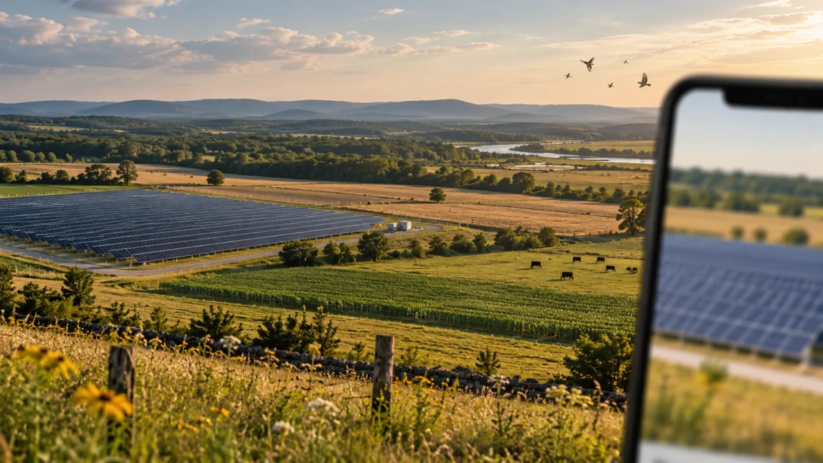 Solar panels installed across a rural farmland landscape with fields, cattle, and a phone screen in the foreground.