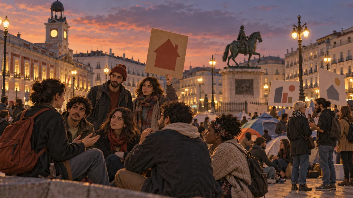 People gather in a Madrid plaza at dusk holding signs with house icons during a housing protest.