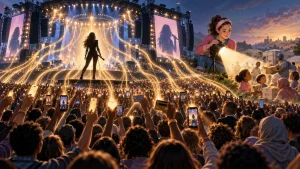 A crowded outdoor concert with fans holding up phones toward a performer on stage, alongside a smaller scene of a woman filming children and families in a community setting.