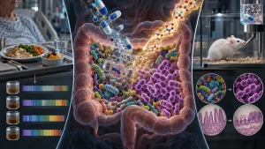 Illustration of the human gut microbiome with antibiotic capsules, food, laboratory mouse, and intestinal tissue images showing a sugar and antibiotic research concept.