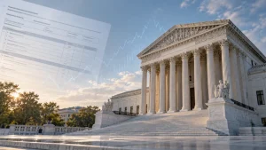 The U.S. Supreme Court building with a translucent stock chart and financial document overlaid on the sky.