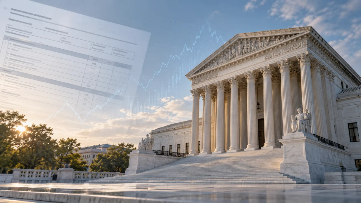 The U.S. Supreme Court building with a translucent stock chart and financial document overlaid on the sky.