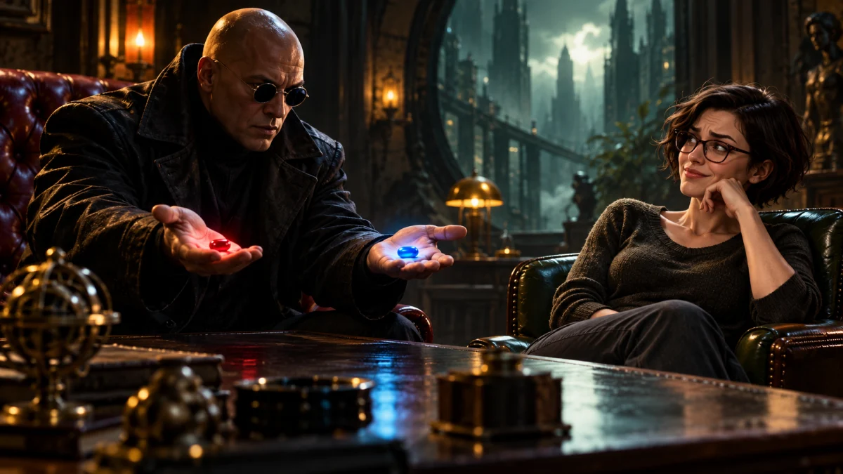 A bald man in a black coat offers two glowing pills to a woman with glasses in a dark, futuristic room.