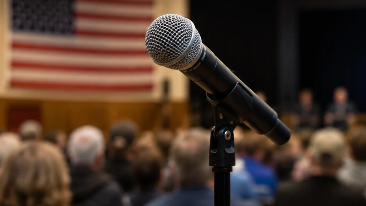 A microphone on a stand in front of a blurred audience and an American flag at a town hall event.