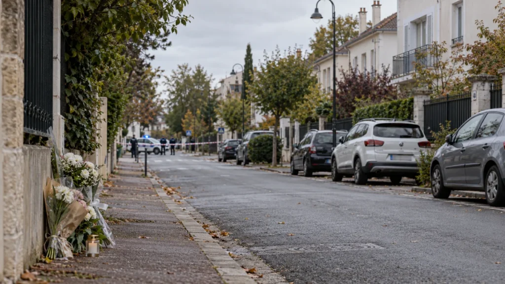 A quiet residential street with police tape in the distance and flowers left on the sidewalk near a wall.