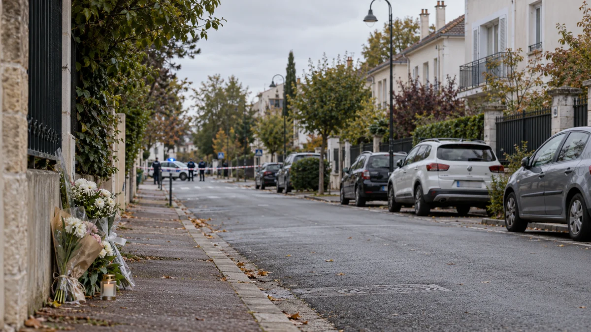 A quiet residential street with police tape in the distance and flowers left on the sidewalk near a wall.