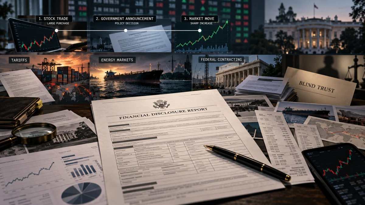 Collage showing a financial disclosure report, stock charts, government documents, and images labeled trade, tariffs, energy markets, and federal contracting.