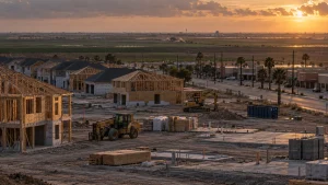 Partially built houses and construction equipment at a large residential development site during sunset.
