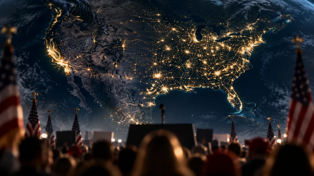 A nighttime crowd with American flags in the foreground, overlaid with a glowing satellite-style map of the United States lit by city lights.