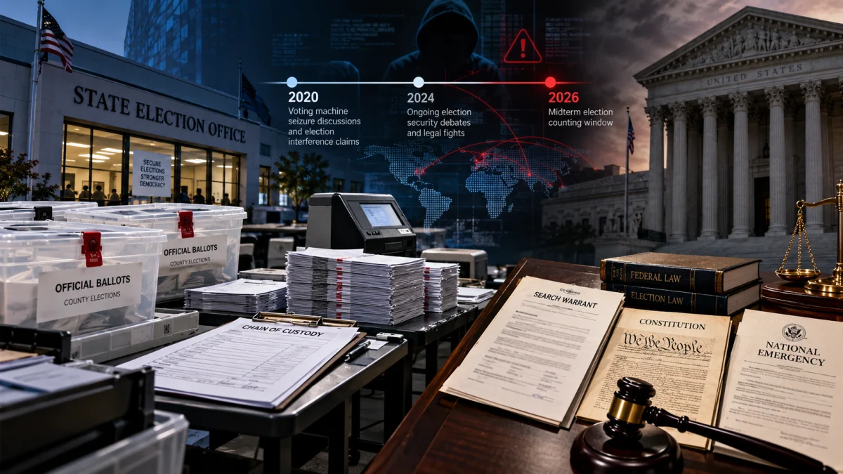 Composite image showing ballot boxes, voting equipment, a state election office, and the Supreme Court with a timeline about election security and legal disputes.