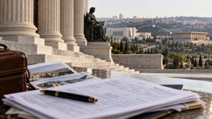 An American federal courthouse and Israeli judicial buildings appear beyond travel reimbursement forms and an itinerary.