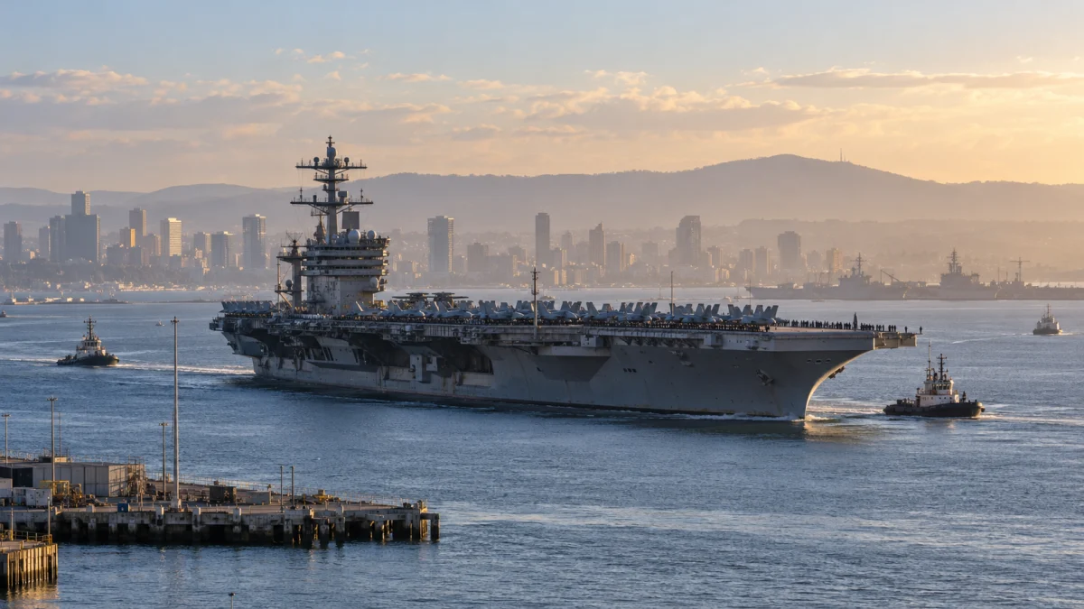 The USS Abraham Lincoln aircraft carrier moves through the water with tugboats nearby and a city skyline in the background at sunset.