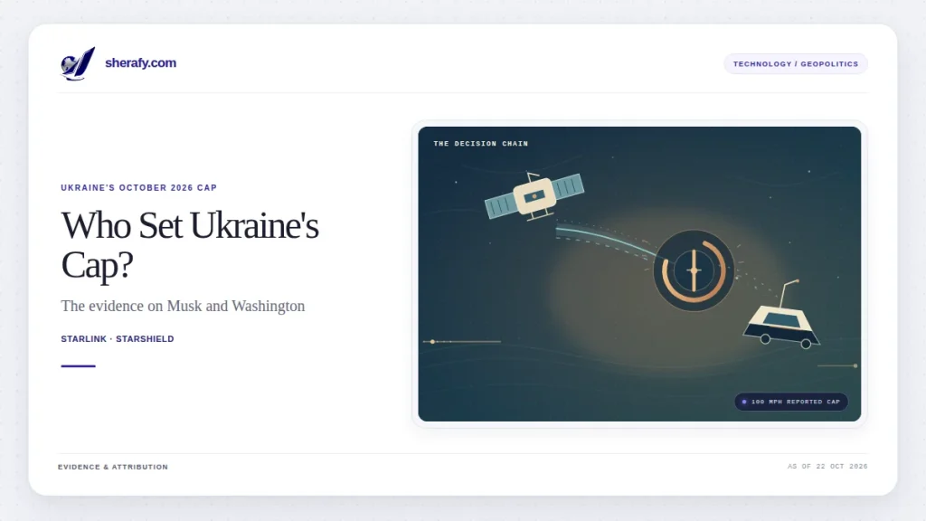 Article header graphic about Ukraine's Starlink restrictions, showing a satellite, a target icon, and a vehicle on a dark illustrated panel.