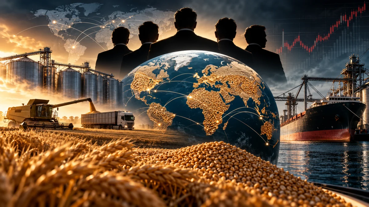 Composite image showing grain, harvest machinery, storage silos, a cargo ship, a world map with trade routes, and silhouetted business figures.