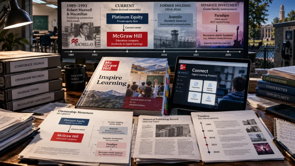 Desk with ownership documents, McGraw Hill books, and a timeline graphic showing McGraw Hill’s current owner and historical connections.