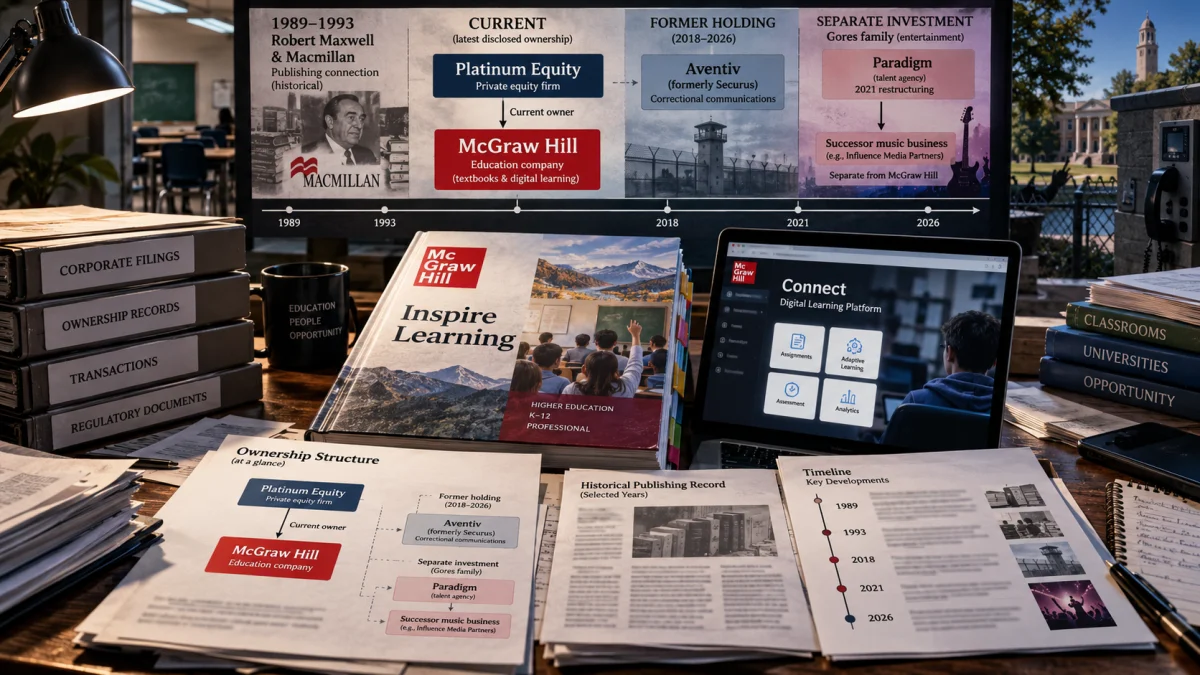 Desk with ownership documents, McGraw Hill books, and a timeline graphic showing McGraw Hill’s current owner and historical connections.