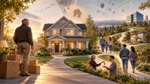 An older man stands beside moving boxes in front of a suburban house while families and younger buyers walk along a neighborhood path at sunset.
