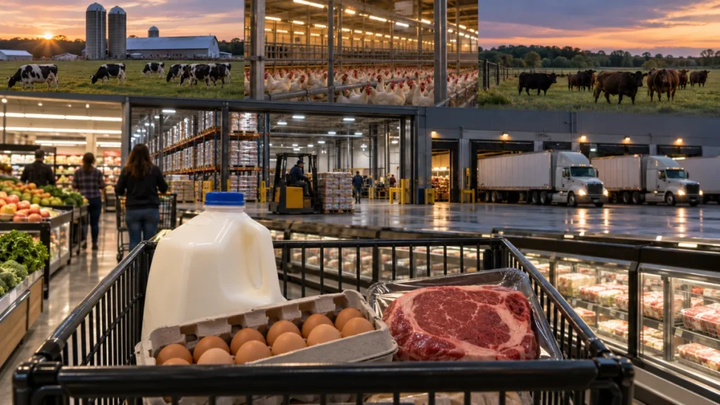 A grocery cart filled with milk, eggs, and steak in front of a supermarket, warehouse, trucks, and farm scenes at sunset.