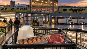 A grocery cart filled with milk, eggs, and steak in front of a supermarket, warehouse, trucks, and farm scenes at sunset.