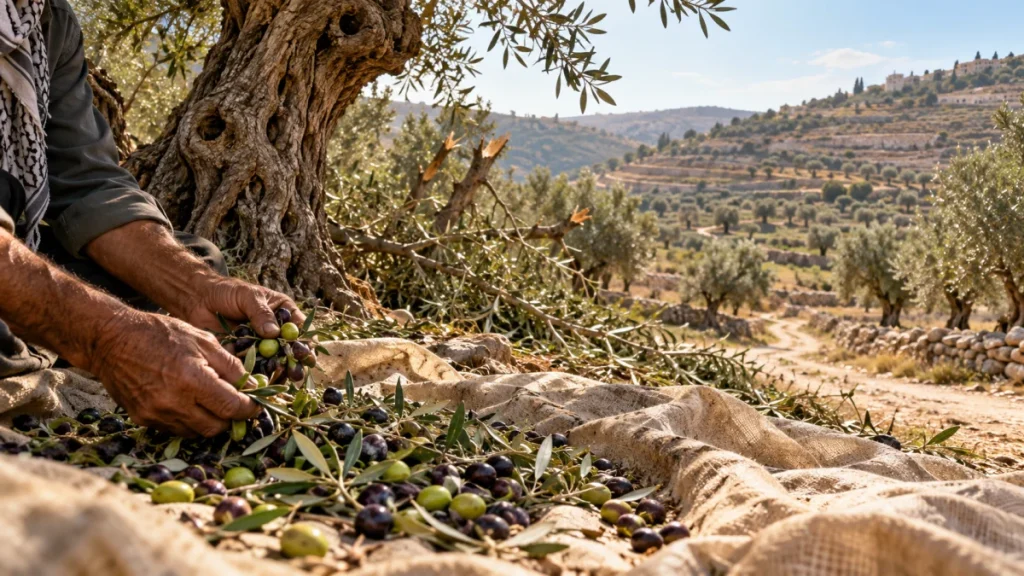 Hands of a farmer sorting freshly harvested olives beside an olive tree in a terraced hillside grove.
