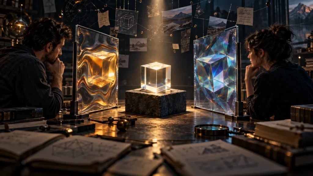 Two people study a glowing cube between two reflective panels, symbolizing contrasting perspectives and the idea of opinions mistaken for facts.
