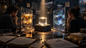Two people study a glowing cube between two reflective panels, symbolizing contrasting perspectives and the idea of opinions mistaken for facts.