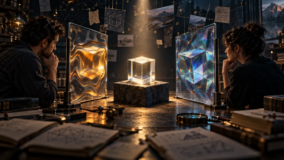 Two people study a glowing cube between two reflective panels, symbolizing contrasting perspectives and the idea of opinions mistaken for facts.