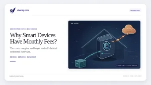 Hero graphic for an article about why smart devices charge monthly fees, showing a connected device, cloud service path, and a smart home illustration.