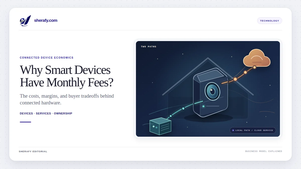 Hero graphic for an article about why smart devices charge monthly fees, showing a connected device, cloud service path, and a smart home illustration.