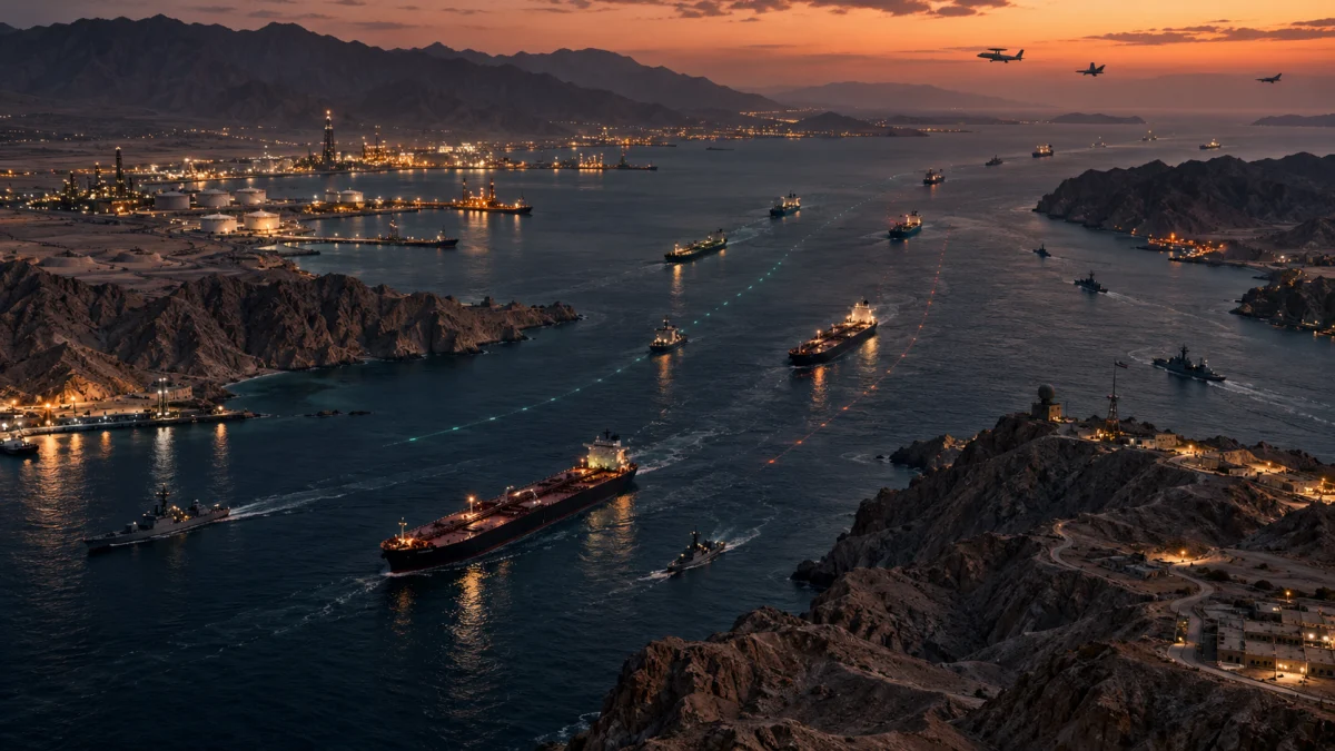 Tanker ships and escort vessels navigating a narrow strait at sunset beside rocky coastlines and port lights.